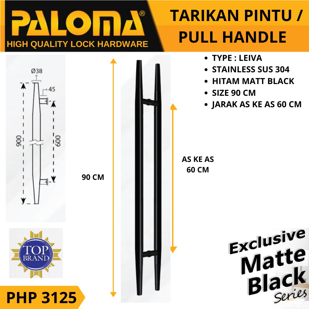 PALOMA PHP 3125 GAGANG TARIKAN PULL HANDLE 90 CM LEIVA HITAM BLACK MATTE