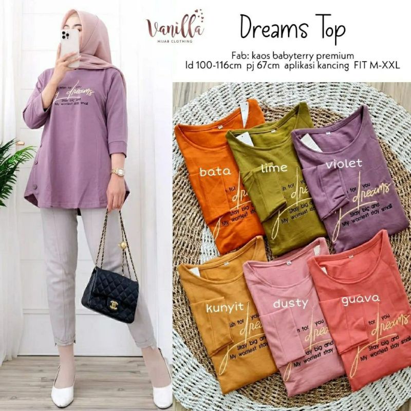 Dreams Top, KAOS WANITA CANTIK MODIS MURAH FIT XXL LD 100-116 BAHAN KAOS BABYTERRY PREMIUM MIX BORDIR TERMURAH OOTD TERLARIS