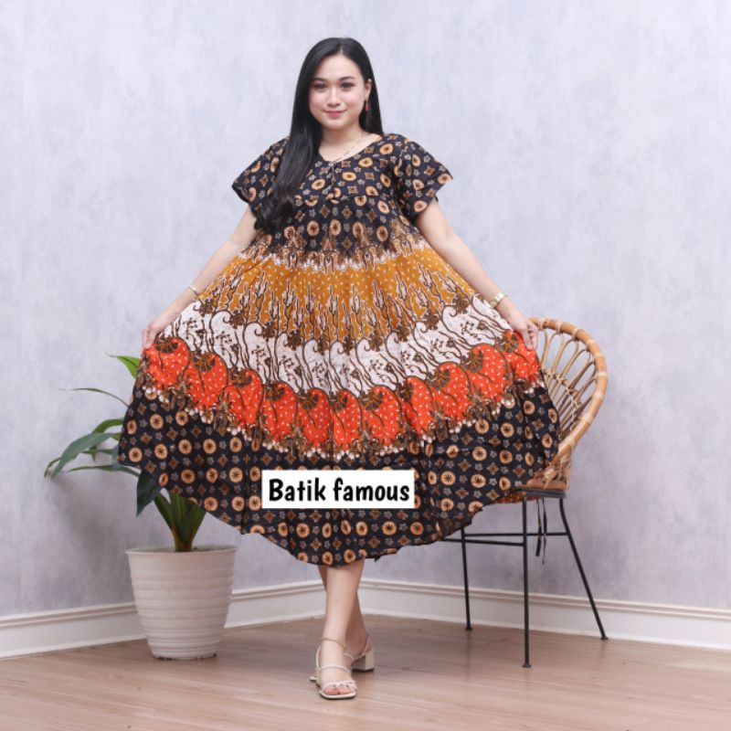 DASTER PAYUNG JUMBO COKLAT KANCING DEPAN BUSUI BUMIL-Bunga akar oren