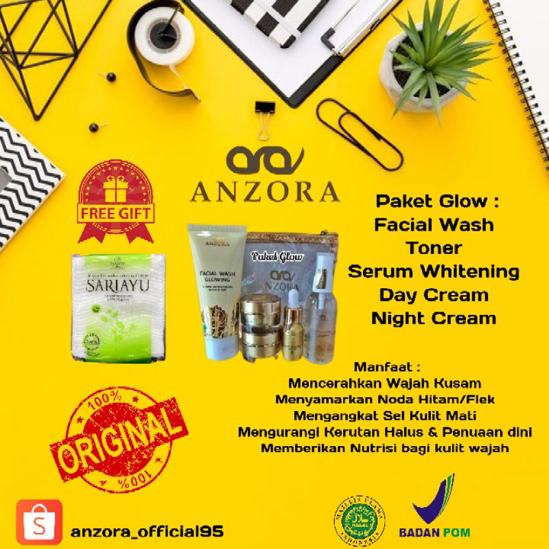 ANZORA SKINCARE PAKET GLOW WHITENING / FLEK ( FREE KAPAS )