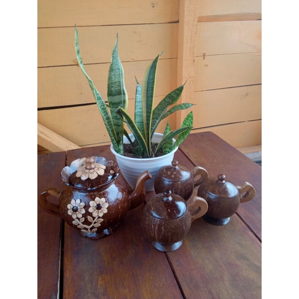 Teko set batok kelapa motif bunga cantik/teapot set/poci batok kelapa