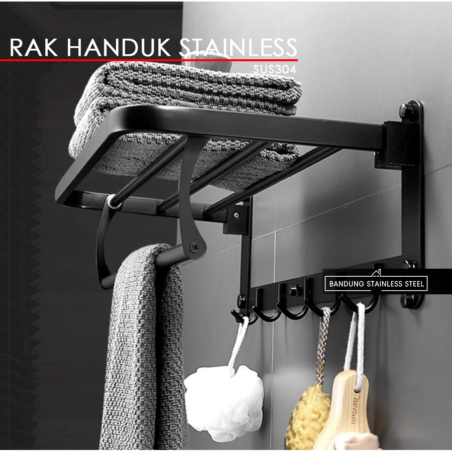 sus 304 Rak tempat handuk lipat stainless steel 5 baris plus kait 918 kamar mandi SILVER Hitam