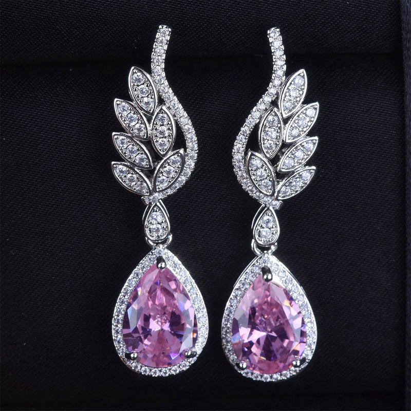 Fancyqube Anting Menjuntai Bentuk Sayap Malaikat Hias Kristal Zircon Warna Pink Untuk Wanita