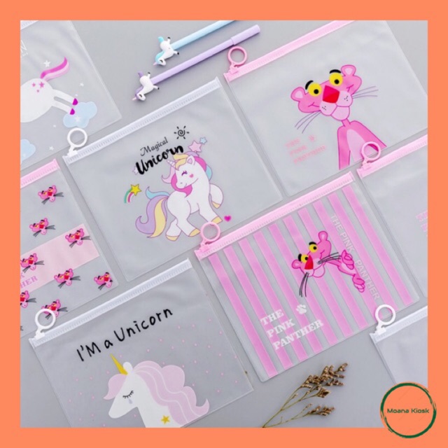 

MOANA KIOSK| Zipper Bag Transparant Unicorn Pink Panther / Map File / Pensil organizer Unicorn Pink