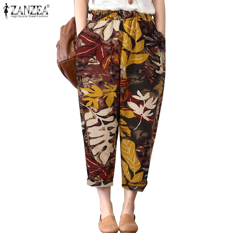 ZANZEA Women Vintage Elastic Waist Leaf Printed Casual Pants