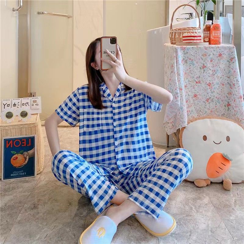 Baju tidur wanita / Piyama Cp baju tidur wanita krah pendek import kotak freesize-Cp.k KOTAK BIRU