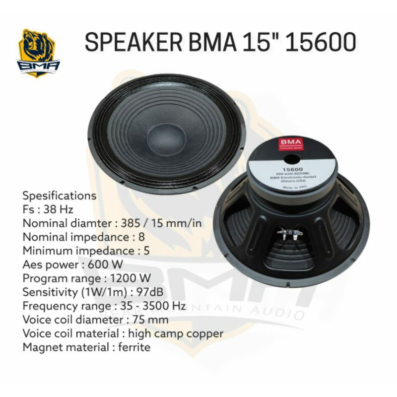 Speaker 15 inch BMA Model 15600 BMA 15600 600 watt