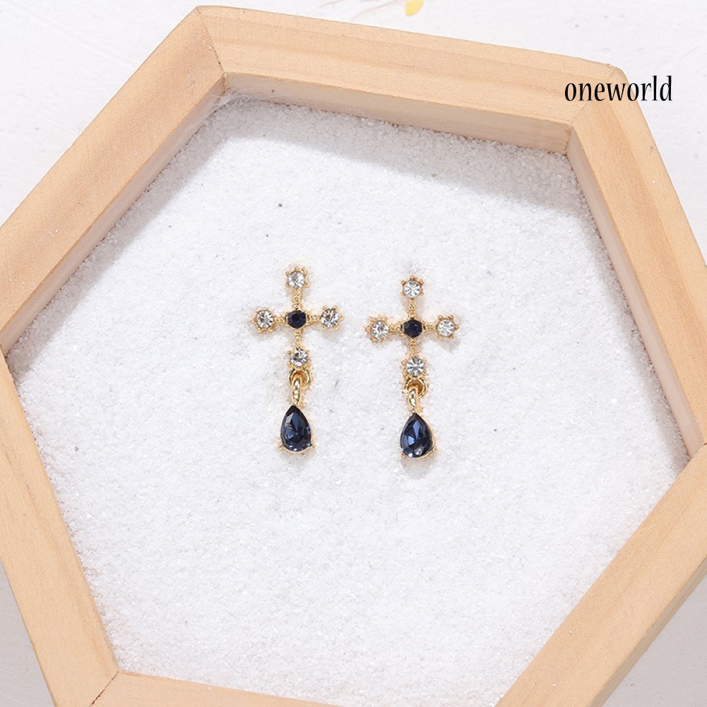 OW# Fashion Women Faux Sapphire Rhinestone Alloy Cross Ear Stud Earrings Jewelry Gift