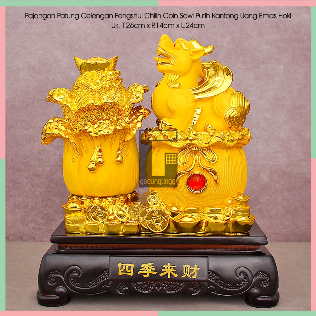 Patung Pajangan Celengan Target Atm Karakter Singa Lion Langit Sky Kembar Samsi Batu Chi Qi Lin Cillin Chilin Cilin Kilin Qillin Sawi Putih Baichai Bhaicai Baicai Fengshui Hoki Buka Tutup Yenpao Kantong Tong Duit Uang Koin Coin Kertas Emas Gold Anak Kecil