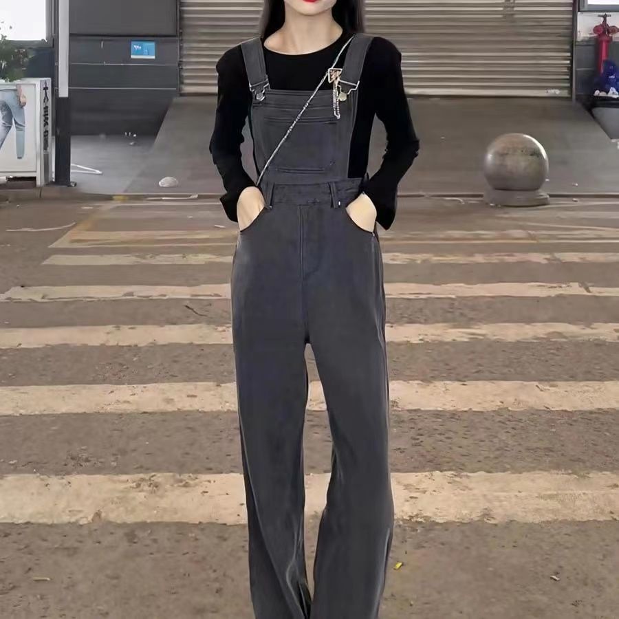Overall denim retro abu-abu untuk wanita 2022 musim semi dan musim panas celana pel lurus ramping pi