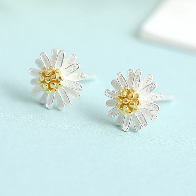 Anting Stud Desain Bunga Matahari Daisy Krisan Bahan S925 Sterling Silver Untuk Perempuan