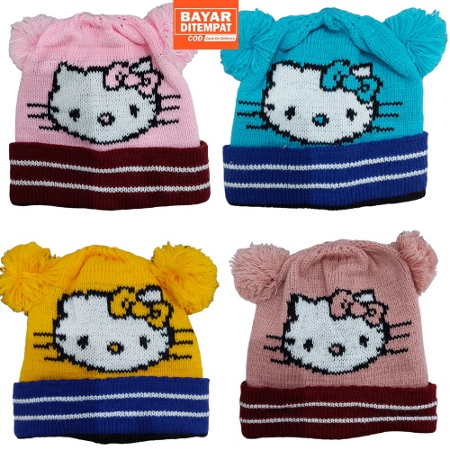 Kupluk Rajut Anak / Bayi Model Pompom Karakter Hello Kitty Laki Perempuan Usia 6 Bulan - 3 Tahun