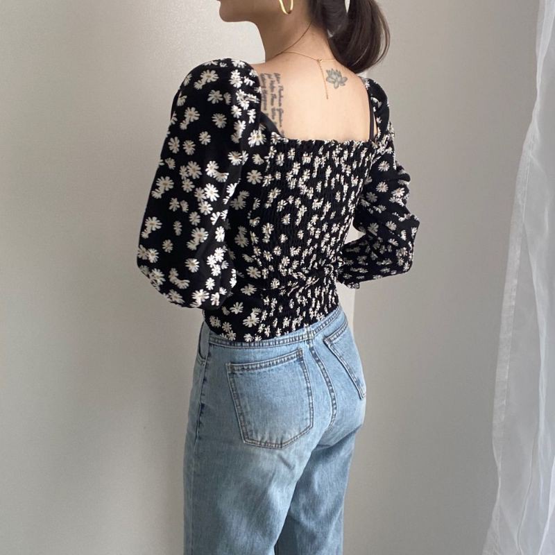 PAULA DAISY LONGSLEVEE - Blus Sabrina Wanita Lengan Puff Motif Bunga Daisy Gaya Korea Blouse Wanita-4