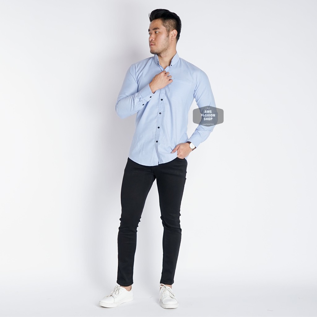 Baju Kemeja Lengan Panjang Pria Polos Oxford Biru Muda Soft Blue Casual Slimfit 3371