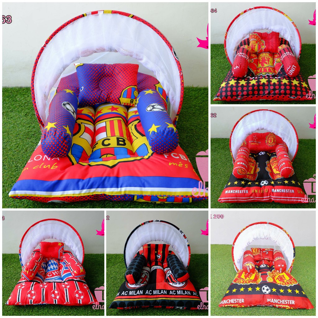 Kasur Bayi Set Kelambu Motif Bola Football | PerlengkapanBayi Elha Baby Produk Terlaris Bahan Dakron