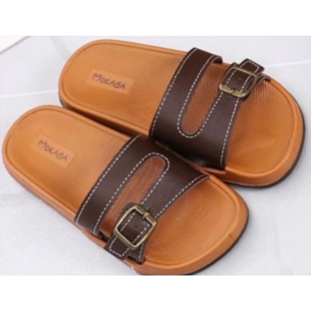Sandal Slop Jelly Wanita Ban 2 Sambung Ada Gesper Casual Mewah Elegant Import Mokaya / Size 37-41 (1688-2)-Cokelat tua