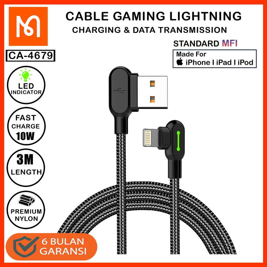 MCDODO CA-467 Cable Lightning Gaming Led 90 Lightning Fast Charging 2A 1.2M 1.8M 3M Kabel Charging Lighting Gaming Letter L