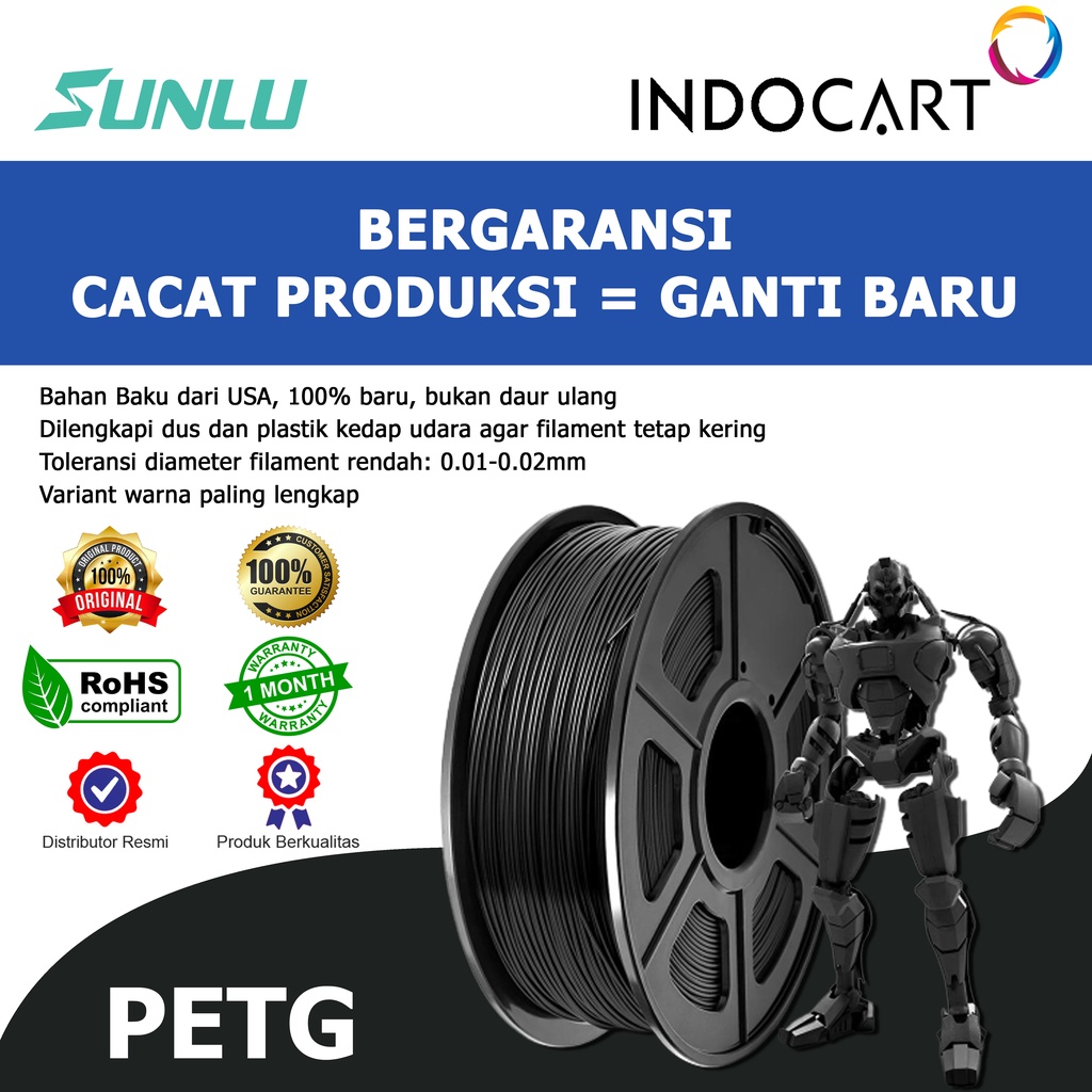 INDOCART Tinta Filamen 3D Printer Filament SUNLU PETG 1kg