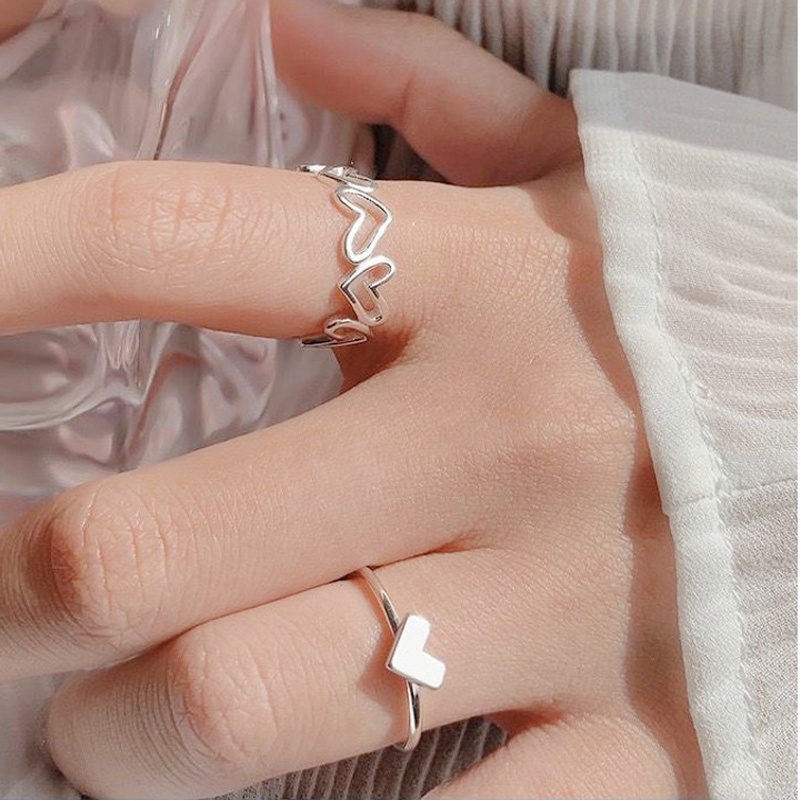 2pcs / Set Cincin Bentuk Hati Model Terbuka Warna Silver Dapat Disesuaikan Untuk Wanita