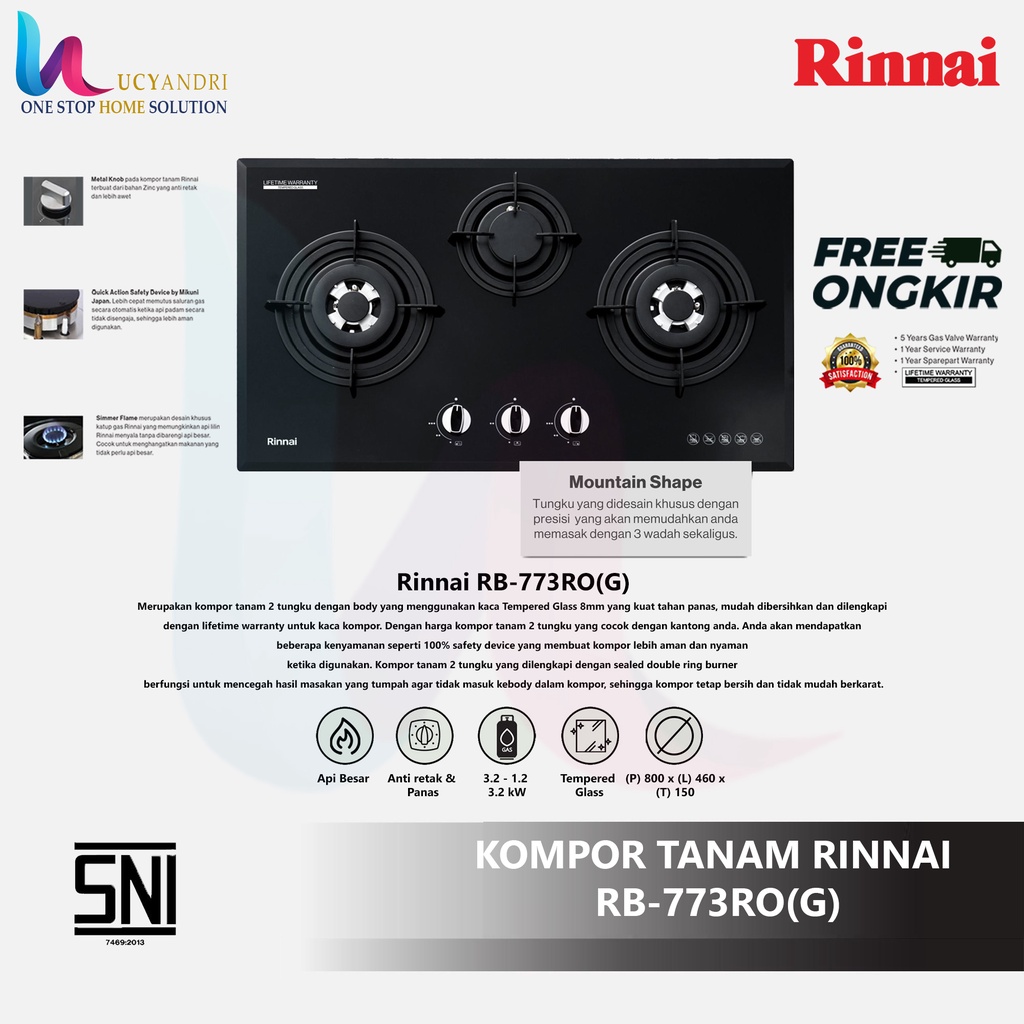 Rinai Kompor Gas Tanam 3 Tungku Rinnai RB-773 RO(G) FREE ONGKIR