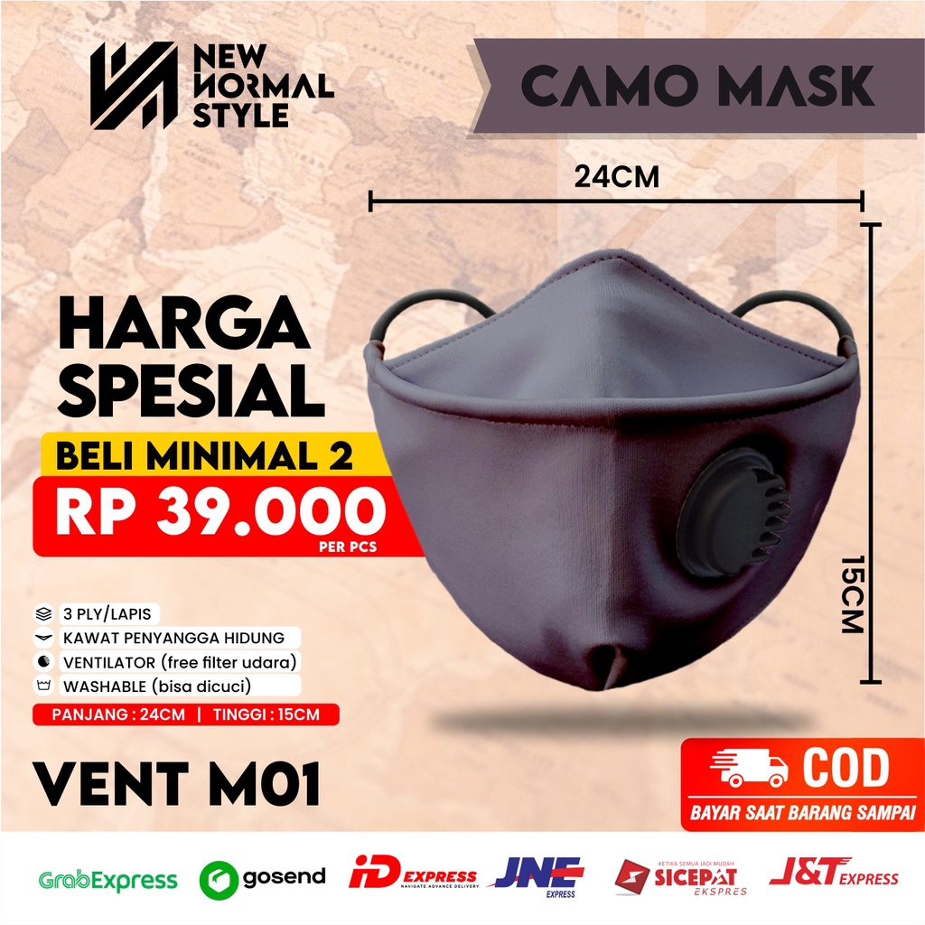 VENT M01 Masker Kain 3D 3 ply Lapis Respirator Hijab Korea Headloop Earloop Motif Pria Premium Keren