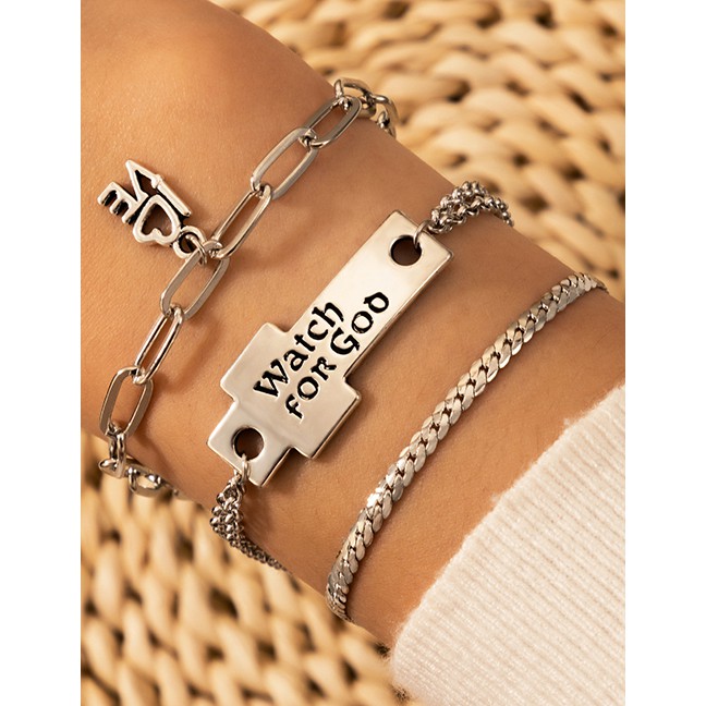 LR Gelang Tangan Fashion Silver Alphabet Cross Alloy Multilayer P75586