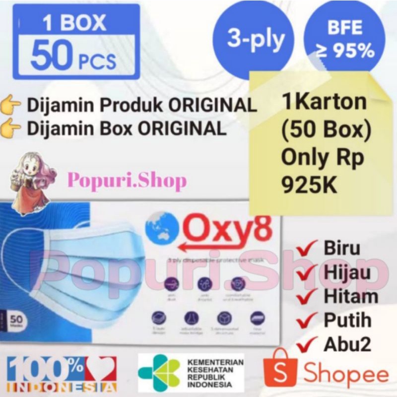 Masker 3ply 50pcs OXY8 | Masker 3ply premium | Masker 3ply kemenkes