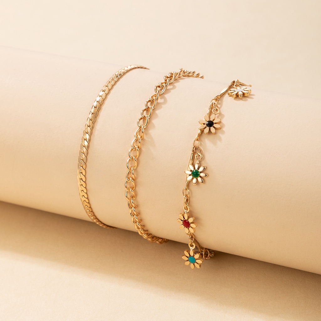 3pcs / Set Gelang Kaki Liontin Bunga Warna-Warni Gaya Vintage Untuk Wanita