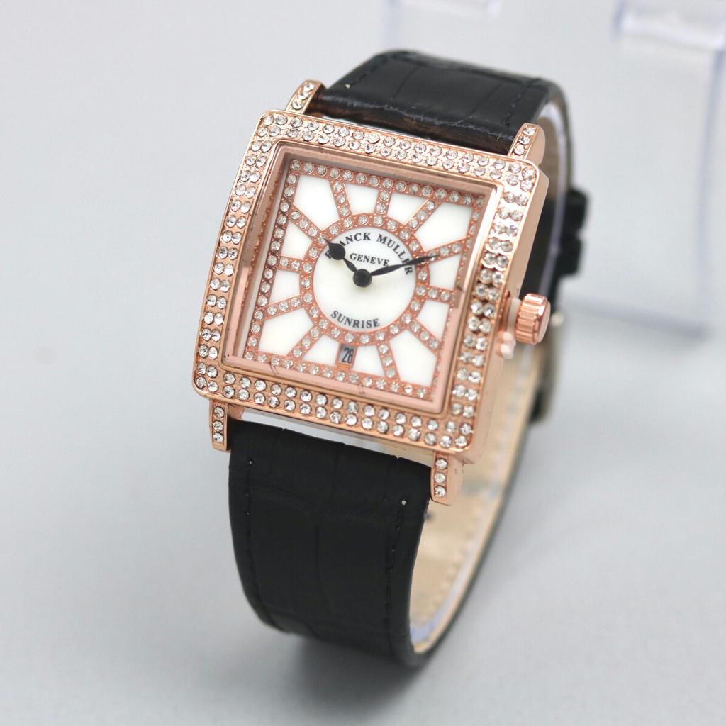 Jam Tangan Wanita Fashion Y31058 Tali Kulit Tanggal Aktif Case Permata Free Box &amp; Baterai