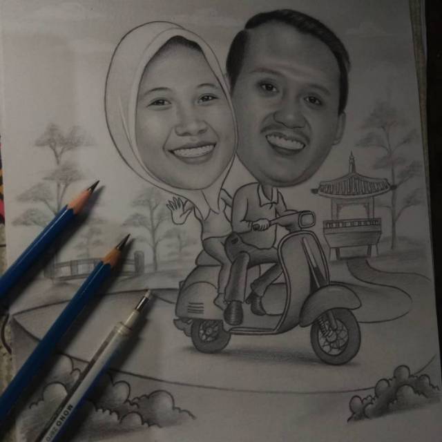 lukis karikatur , kado karikatur wisudah ukuran a5, a4, a3