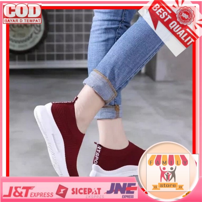 Sepatu Karet Kets Slip On Sneakers Fashion Olahraga Sport Running Wanita Cewek Murah Terbaru Maroon