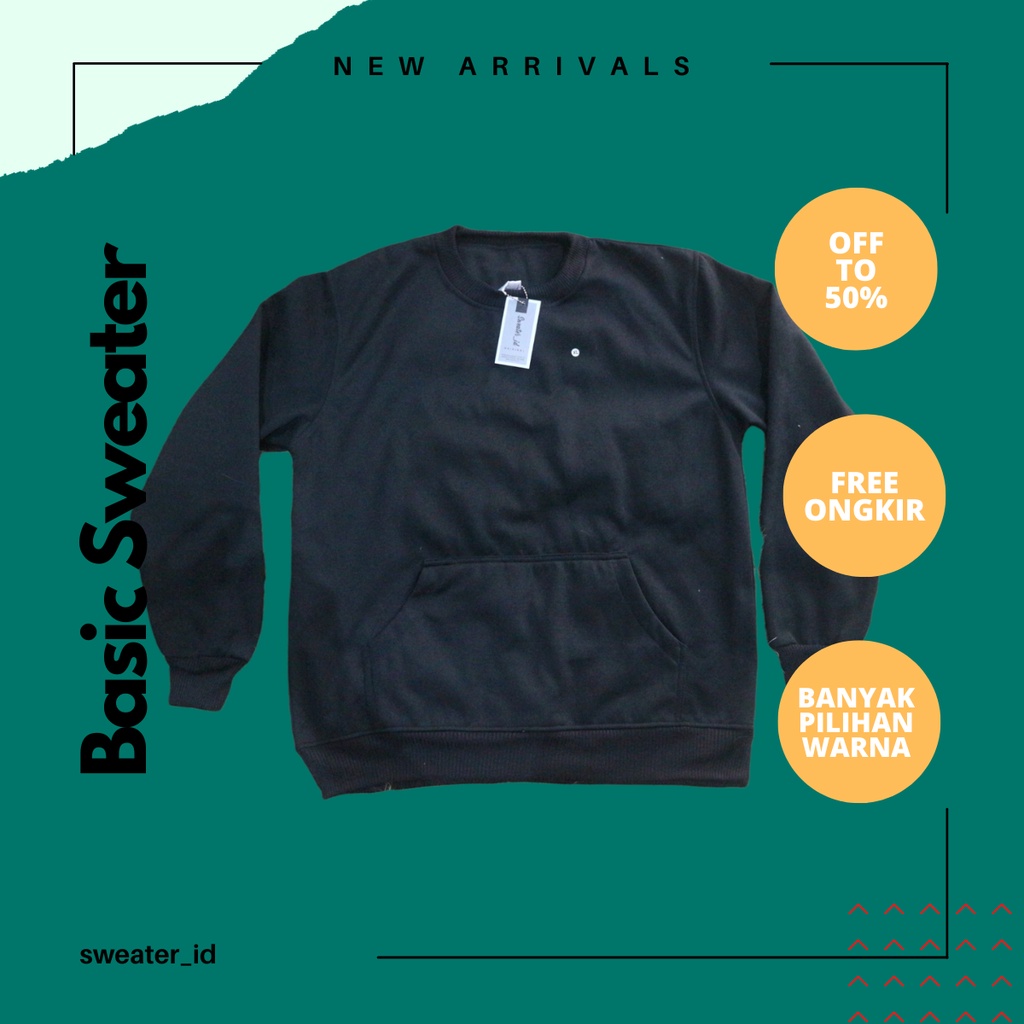 SWEATER_ID Basic Sweater Crewneck Hitam Unisex Ada Kantong Saku Depannya