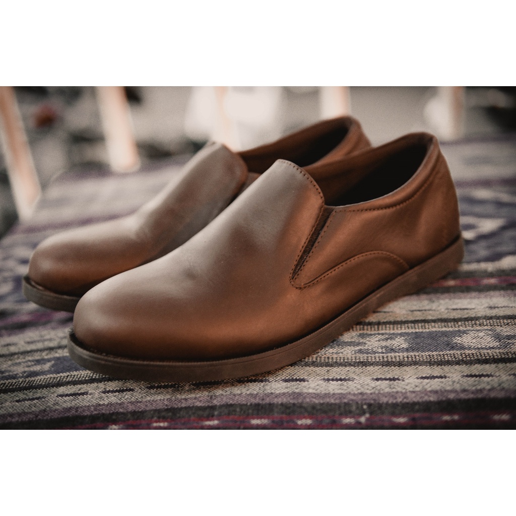 Sauqi Footwear Gofe Coklat Sepatu Slip On Kulit Asli Casual Santai Formal Kuliah Kerja Kantoran