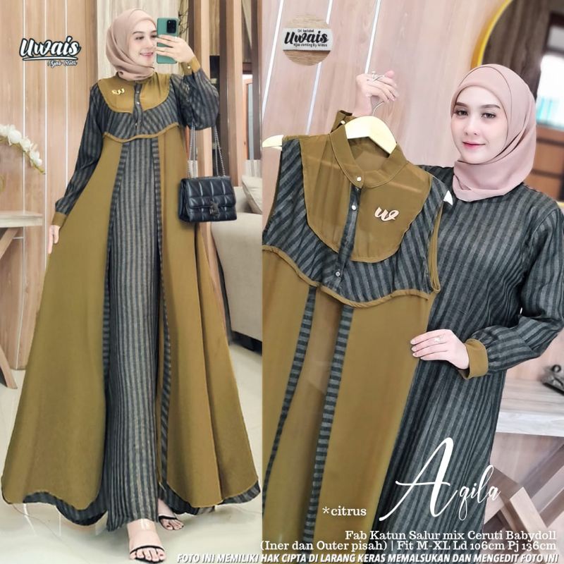 Aqila Dress Maxy Original by Uwais Gamis Set Outer Katun Salur Mix Ceruty Ld 106