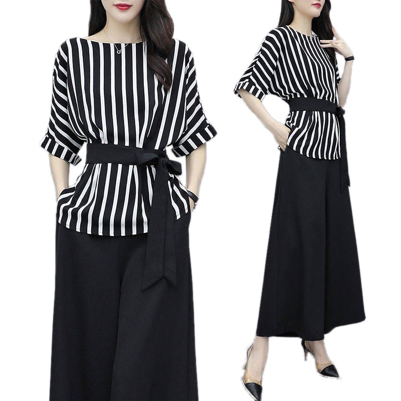 NEW 2Pcs Setelan Wanita Blus Bergaris Lengan Pendek Ikat + Celana Longgar Wide Leg Set Kasual Hitam