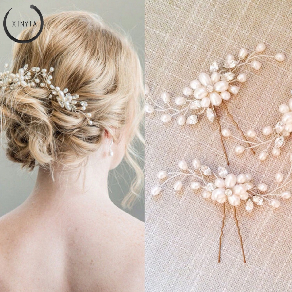 Klip Jepit Rambut Hairpin Bentuk U dengan Ornamen Bunga+Kristal+Mutiara Imitasi