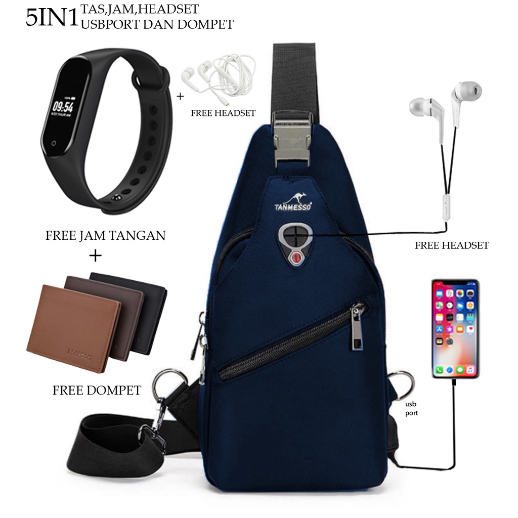 TANMESSO 5IN1 BAYAR DITEMPAT-BONUS JAM LED,DOMPET &amp; USBPORT&amp;HEADSET-tas selempang waterproof