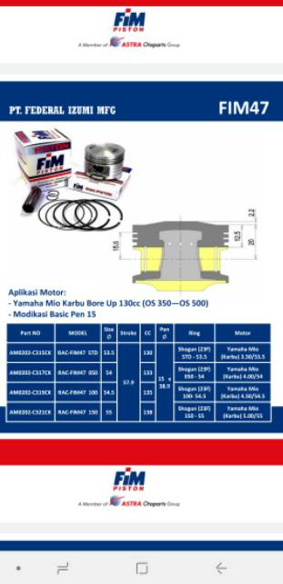 Piston seher kit mio nouvo xb 130cc fim 47 53,5 54 54,5 55 mm pin 15-4