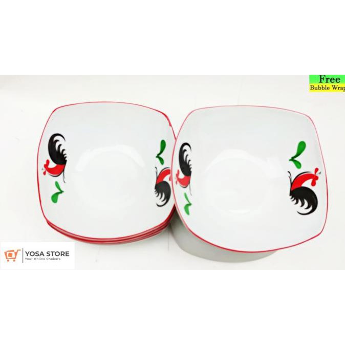 Hanya Disini] Mangkok Keramik Segi Empat Motif Ayam Jago 6 Pcs