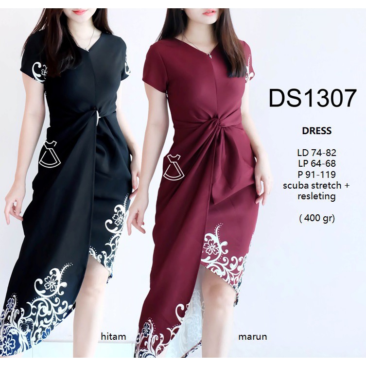 seo Bayar Ditempat promo SEDS1307 DRESS PESTA MIDI KNOT ROK BELAH SCUBA WANITA DRESS MODERN MURAH
