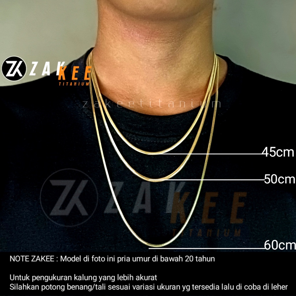 Kalung Titanium Emas Pria Wanita Belut Pipih Gepeng Mas Gold Cowok Cewek Anti Karat Panjang 45cm 50cm 60cm