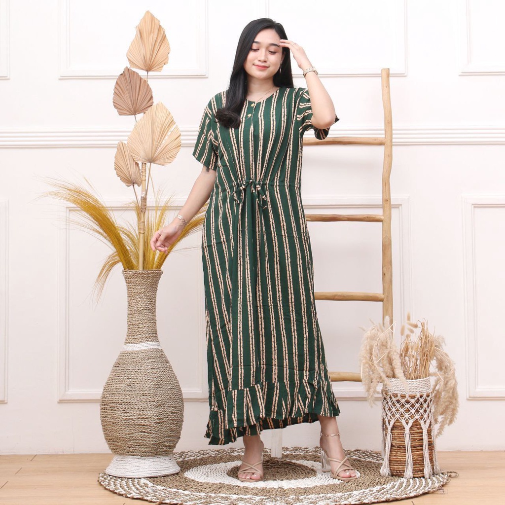 Daster Kekinian Salur Serut Rayon Premium Dress Wanita Lengan Pendek Baju Casual LD 110 cm