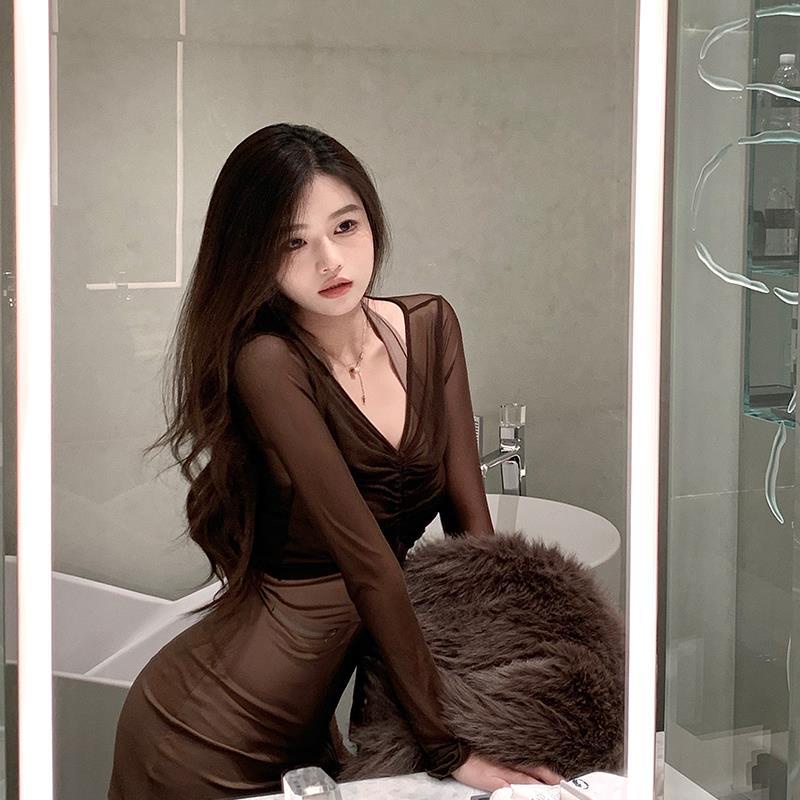 Seksi halterneck jumpsuit rok pendek mesh setelan dua potong wanita atasan lengan panjang