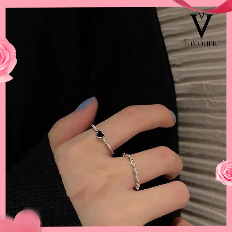 [COD]2 pcs Cincin Korea Cinta Zirkon Hitam Wanita High-end Fashion Kepribadian Jari Telunjuk Cincin-FA