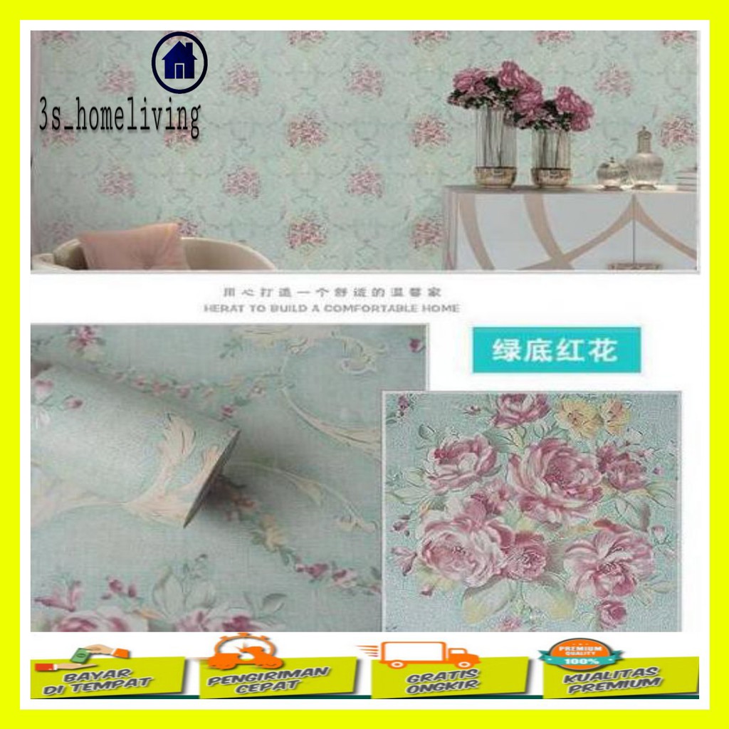 (COD) Wallpaper Dinding Shaby Tosca / Wallpaper / Wallpaper Bunga / Wallpaper Hijau Tosca 900