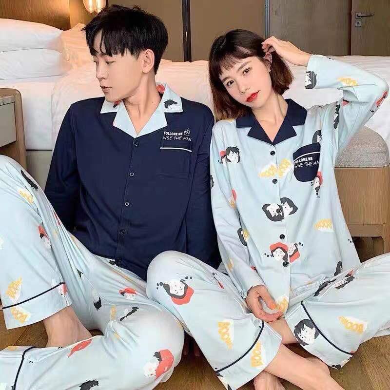 Baju Tidur Set Piyama Couple Kaos premium import Pasangan Pria Wanita Lengan Panjang