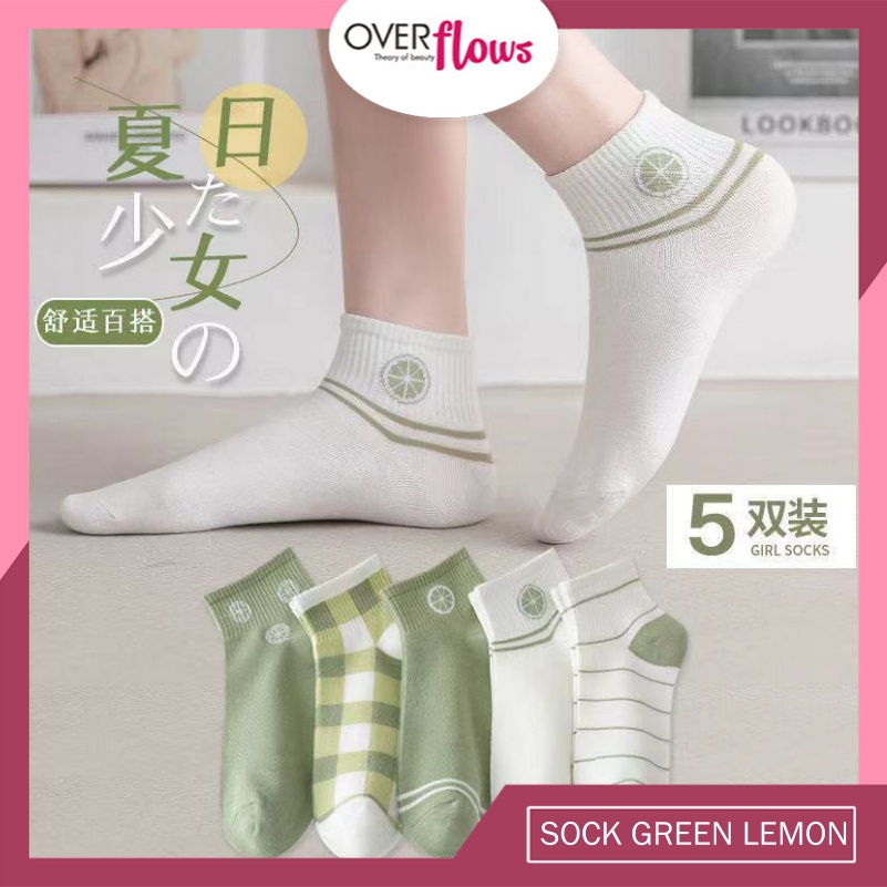 OVERFLOWS.ID Kaos Kaki Wanita Motif Lemon Hijau Kotak Garis  Women Sock Fashion Korea Import Murah