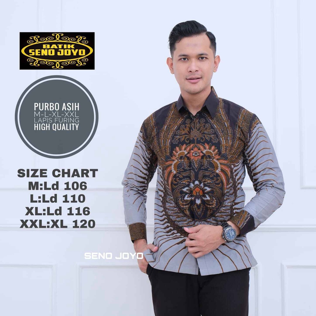 Kemeja batik lengan panjang terbaru 2022  PURBO ASIH / batik pria lengan panjang warna grey hitam / baju batik pria warna abu hitam bahan katun halus sragenan full furing reguler fit