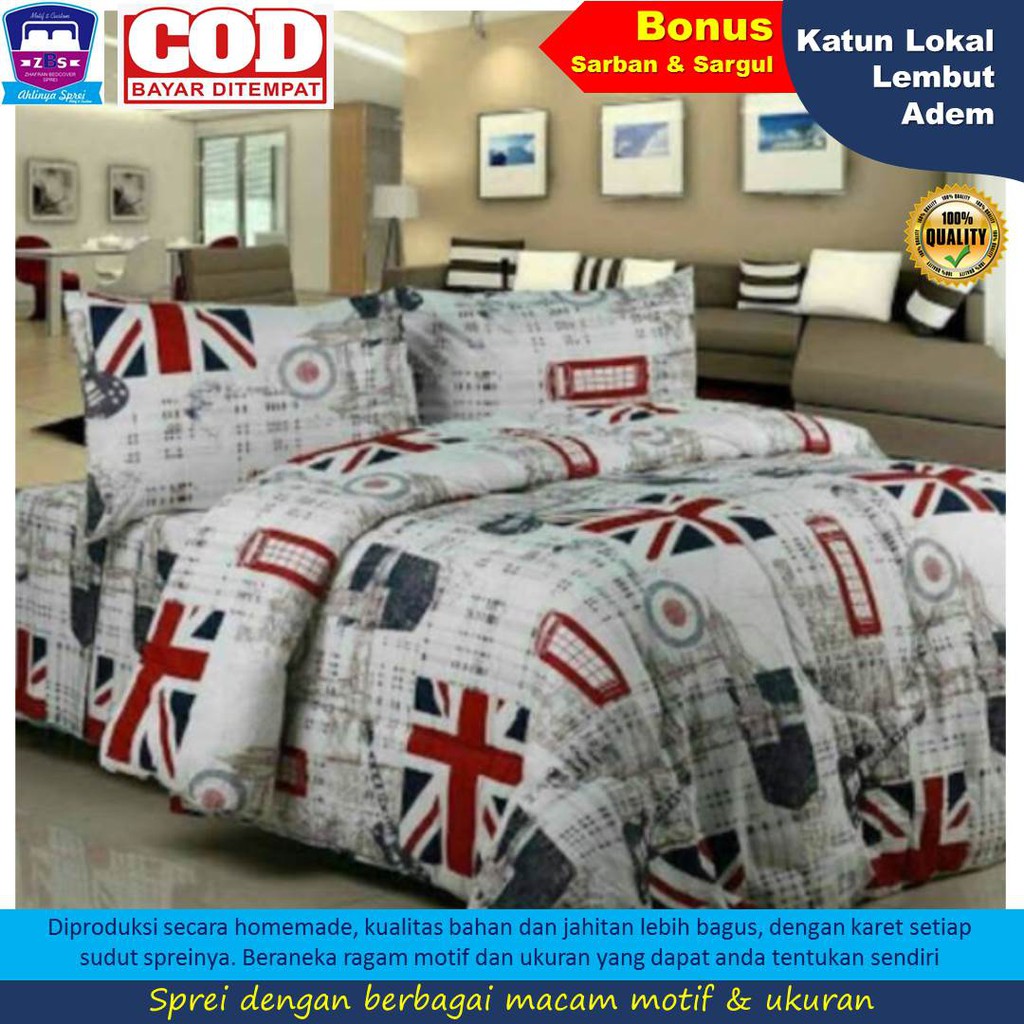 Sprei homemade motif vintage bendera bahan katun seprei murah london england terbaru 2021