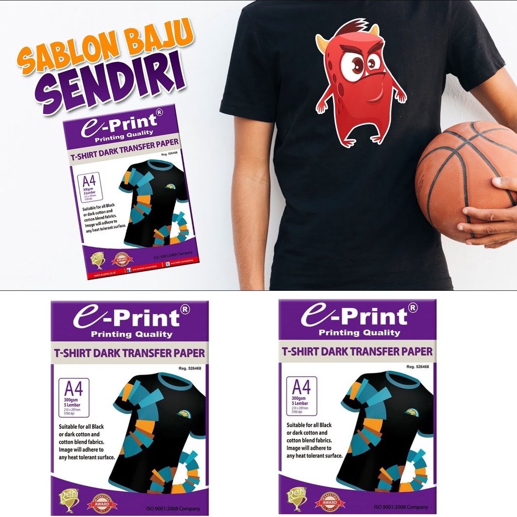 E-Print Kertas Sablon T-Shirt Dark Transfer Paper A4 isi 5 lembar